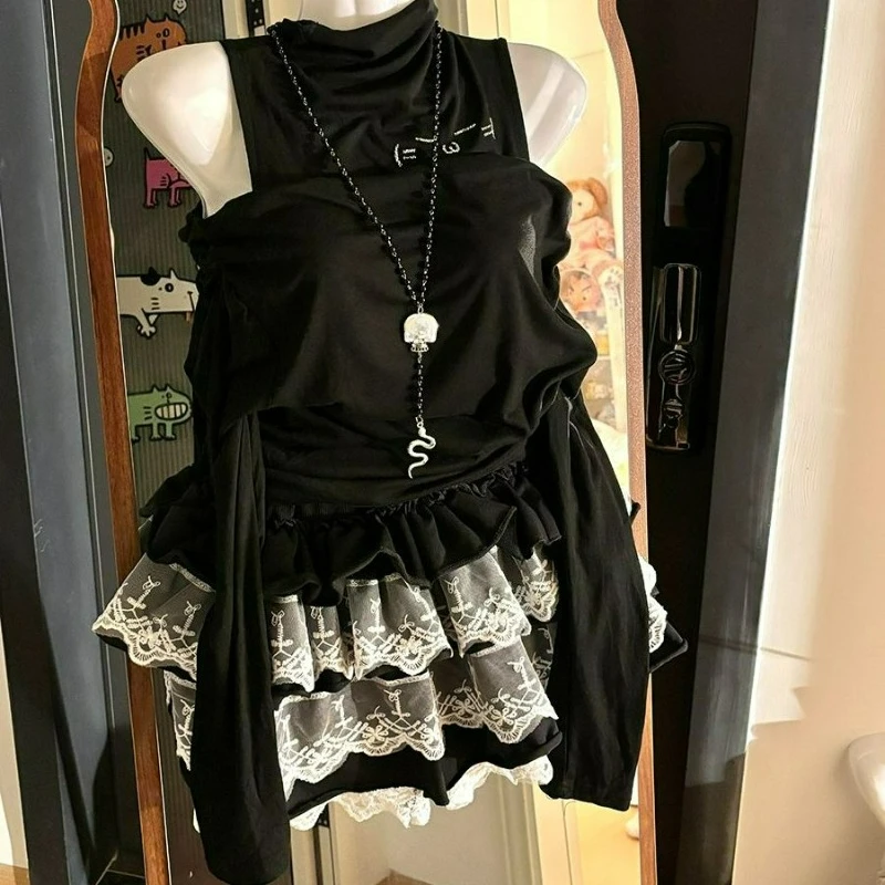Japanese Gothic Lolita Style 2 Piece Set Women Vintage Off-shoulder Long Sleeves T-shirt Lace Cake Mini Skirt Female Korean Suit