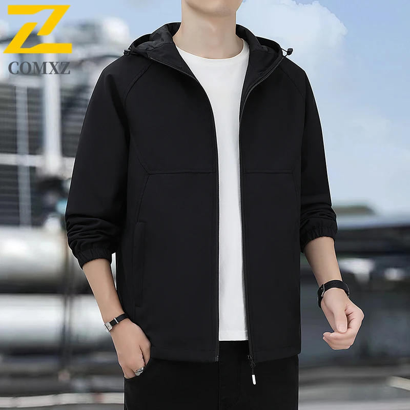 

L-8xl Men's Casual Windbreaker Jackets Hooded Jacket Man Waterproof Outdoor Soft Shell Autumn Coat Work Clothing Zipper Pocket