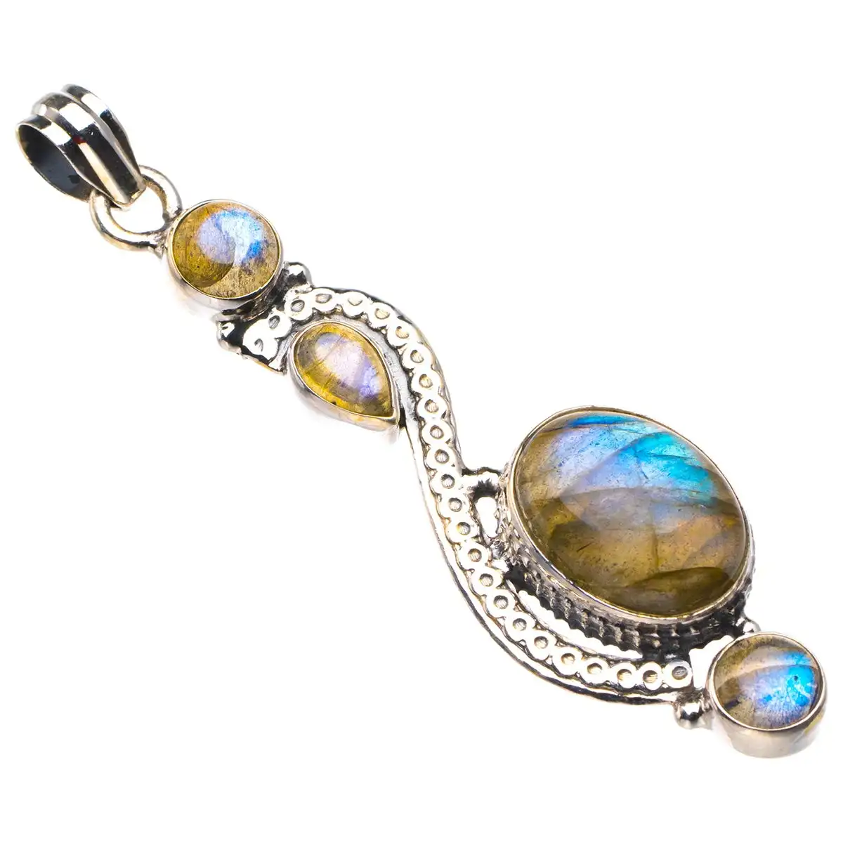 

Natural Blue Fire Labradorite Handmade 925 Sterling Silver Pendant 2.5" D2476