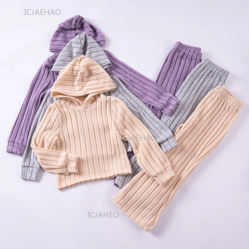 

Комплект детской одежды для девочек, вязаный свитер с капюшоном, однотонные штаны с длинными рукавами, повседневная одежда для детей, повседневная одежда для малышей, осень-весна