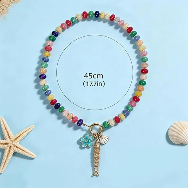 Color Beaded Handmade Necklace Fish-Shaped Pearl Pendant Vintage Ladies Fashion Versatile Necklace