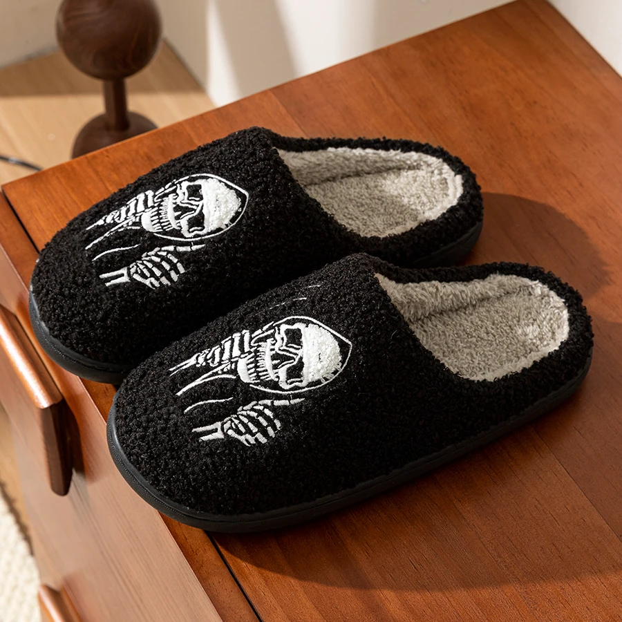 Fashion Halloween Skeleton Ghostface Couple Winter Women Cotton Slippers Toe Wrap Warm Indoor Mute Non Slip Floor Flat Shoes