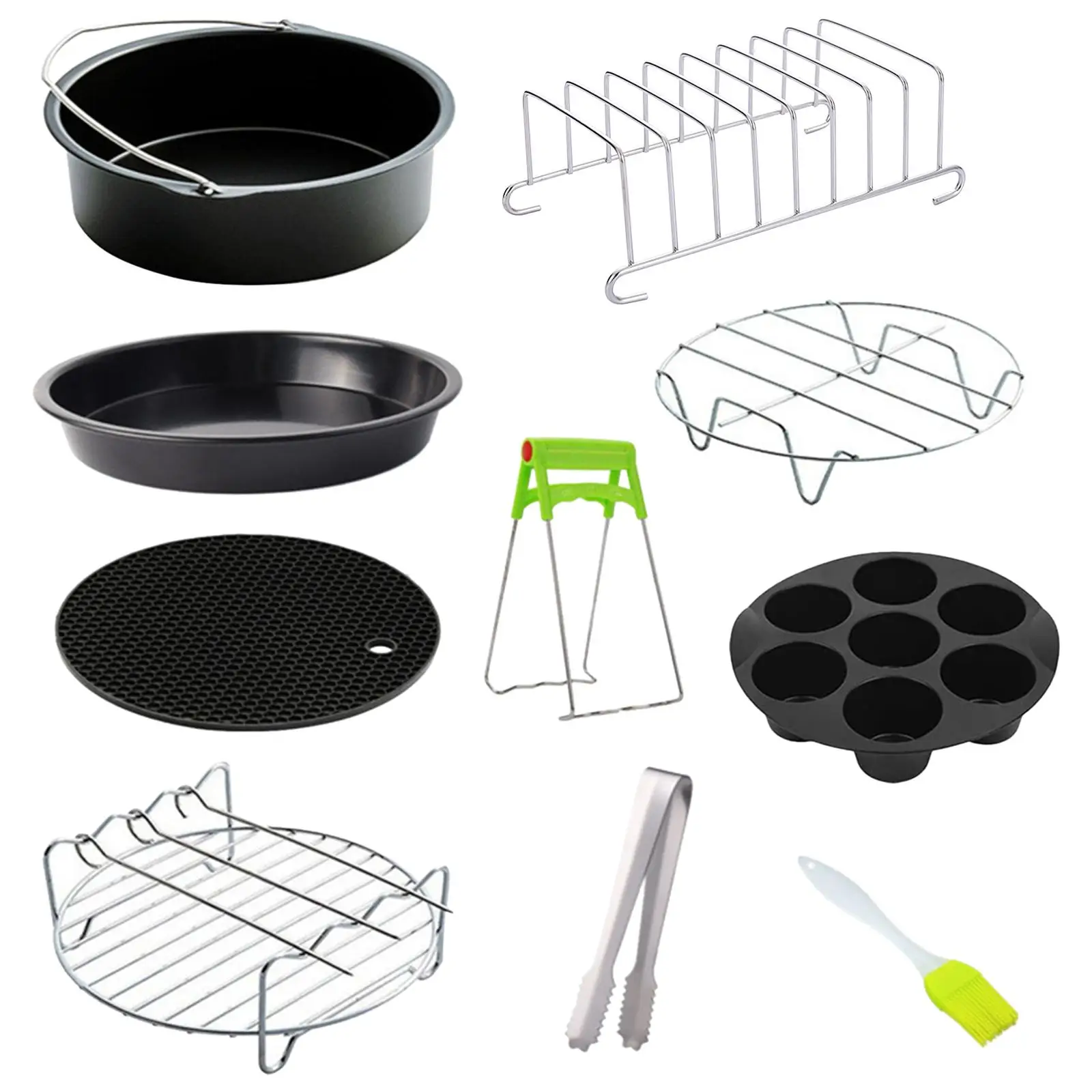 Durable Carbon Steel Air Fryer Accessories 10 Piece Set Pizza Pan Cake Basket Tongs Brush Rack for 3.7 4.5 5.2 Qt Cookers