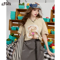 ELFSACK 2024 summer new arrival picnic travel vacation holiday soft comfortable fitted Printed shoulder short sleeved t-shirt lo