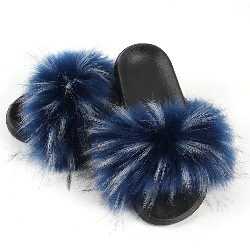 Women Summer Luxury Fluffy Faux Fur Slippers Flat Non-Slip Indoor Furry Slides Platform Sandals Plush Flip Flops Ladies Shoes