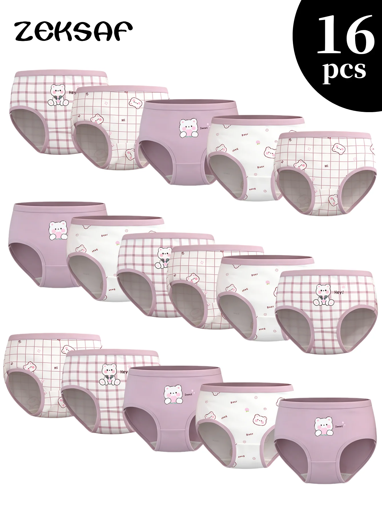 ZEKSAF Girls Underwears Cute Pink Bear Print Kids Cotton Underpants 16 Pack