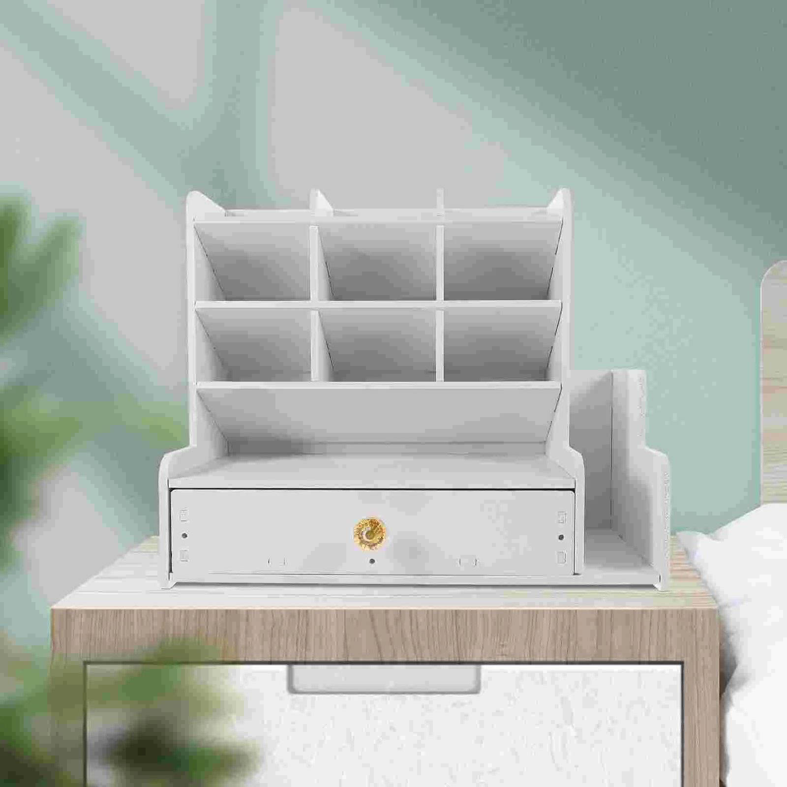 Wooden Holder Desktop Organizer With Drawer Office Compartment For School White Multi-functional DIY Child