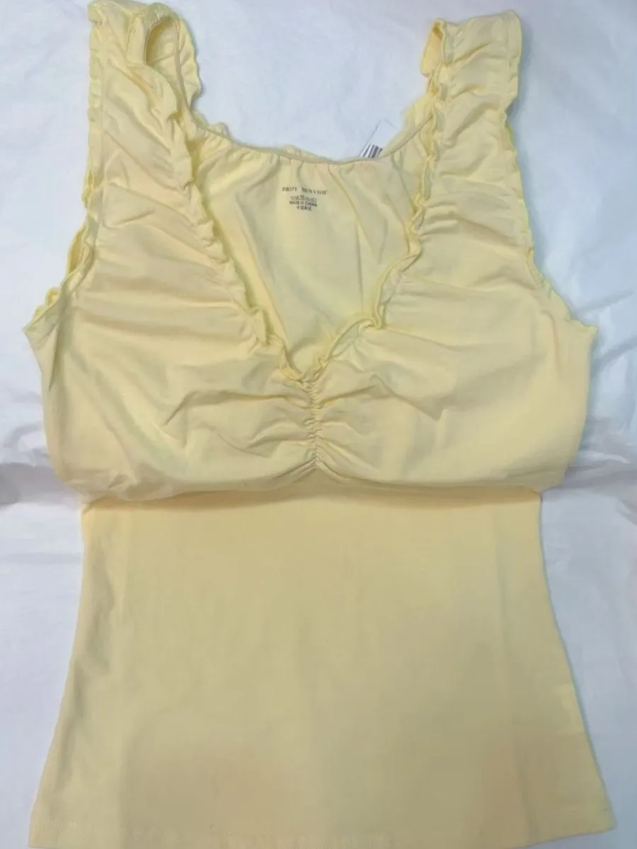 

Sweet Button Yellow Fungus Trim Slim Tank Tops Women Summer Sleeveless Sexy Bow V-neck Cotton Crop Top Femme Simple Cute Vests