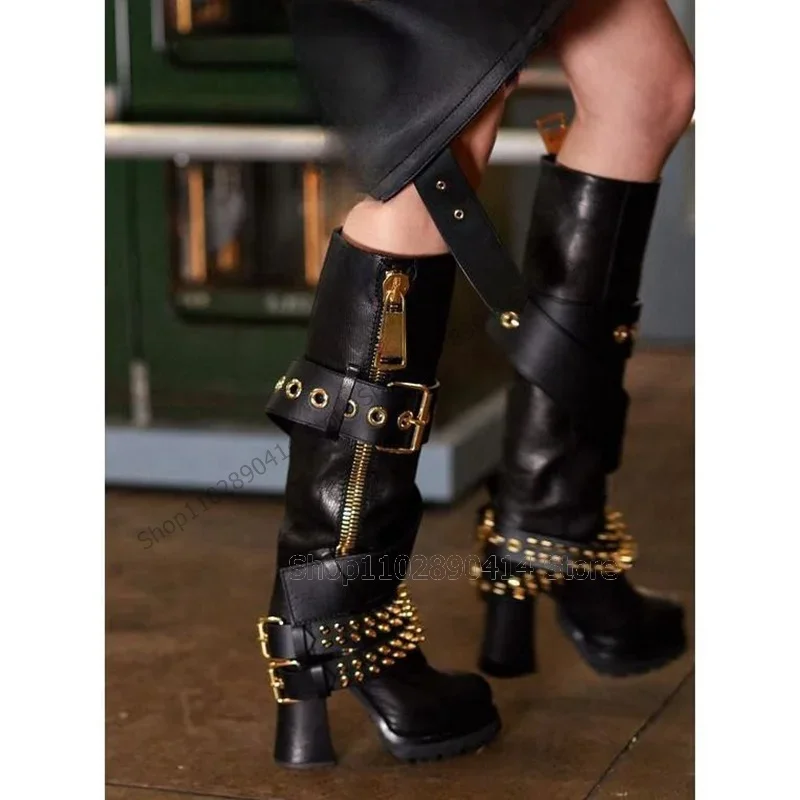 

Black Belt Fastener Gold Rivets Round Toe Boots Side Zipper Women Shoes Chunky High Heels Novel Fashion 2025 Zapatos Para Mujere