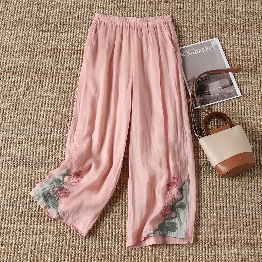 Nuevos pantalones informales bordados holgados de estilo chino de verano, pantalones acampanados Vintage para mujer, ropa femenina de moda