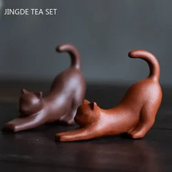 1 PC Yixing สีม่วงชาสัตว์เลี้ยงตกแต่ง Handmade ชาอุปกรณ์เสริม Creative Zisha Luck Cat ประติมากรรมเครื่องประดับ