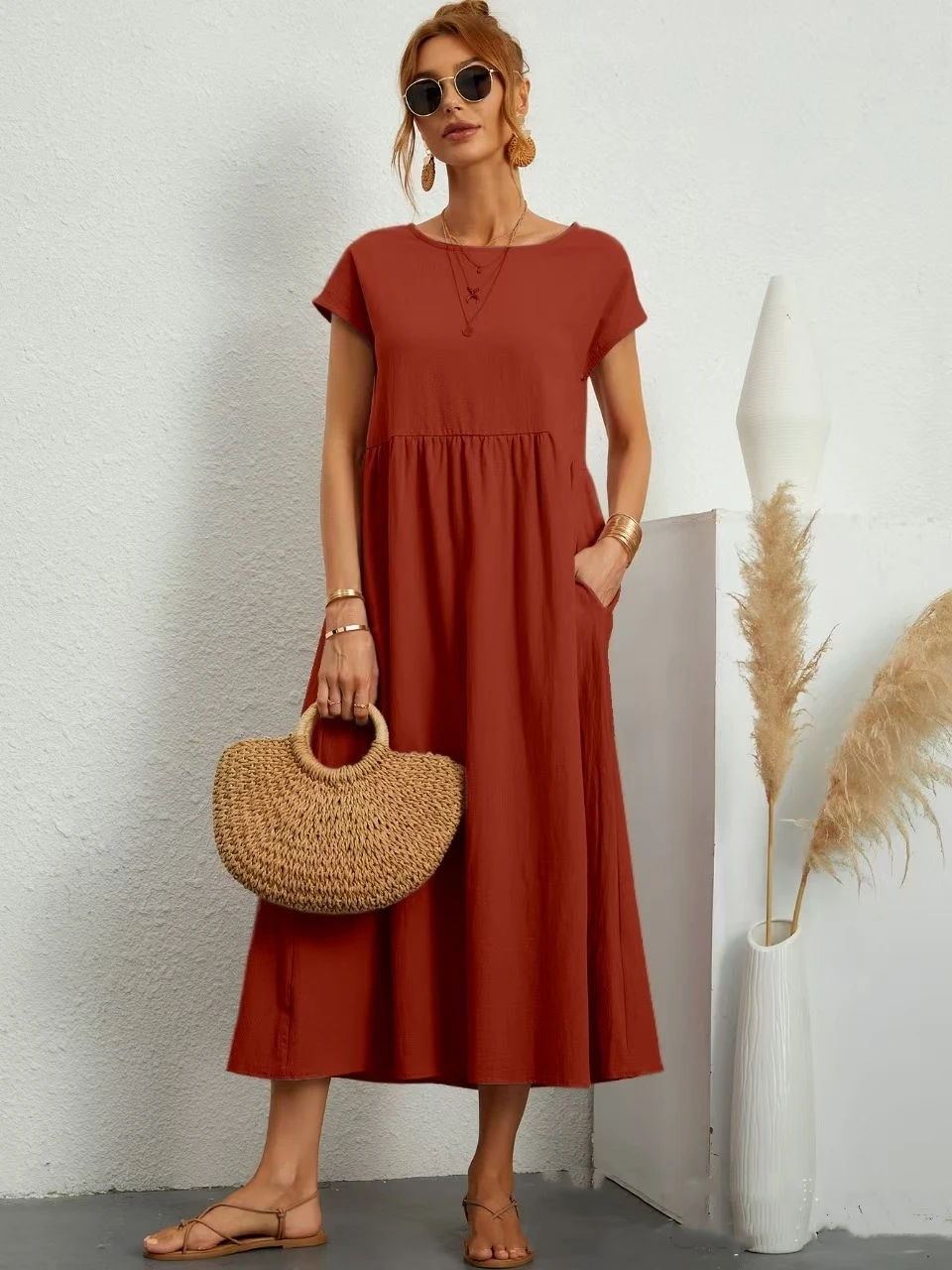 Women Elegant Solid Maxi Dress Summer Short Sleeve O Neck Vintage Harajuku Cotton Linen Loose Sundress Y2K Pockets Long Dress