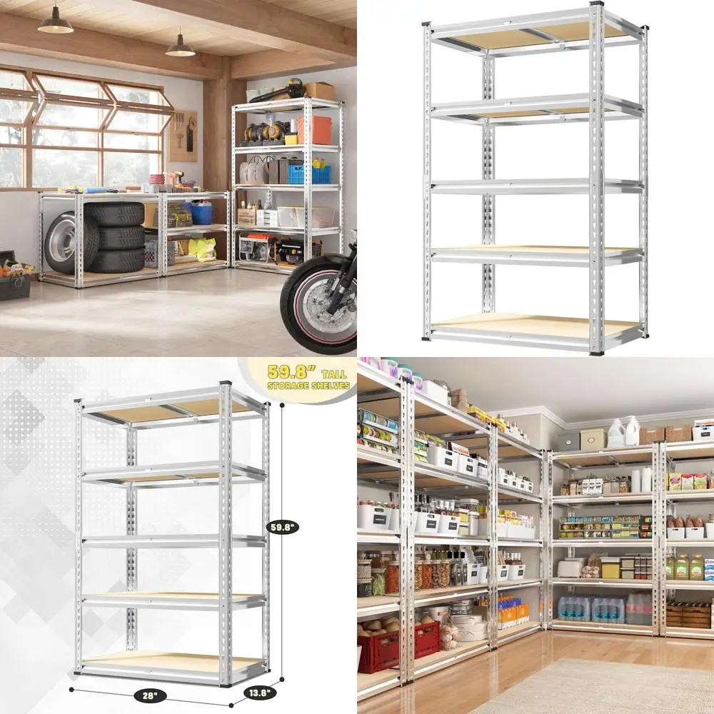 

5-ярусные металлические стеллажи для хранения, грузоподъемность 2000 фунтов, 28Ш x 13.8Г x 59.8В, серебристые, для гаража, кладовой, кухни, подвала