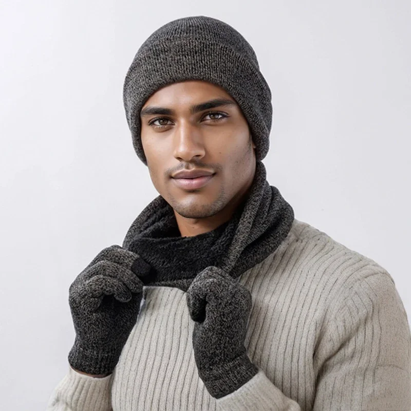 Chapéu de inverno masculino e cachecol luvas conjunto macio quente homem gorro de malha bonnets velo pescoço mais quente cachecol touchscreen luvas conjunto