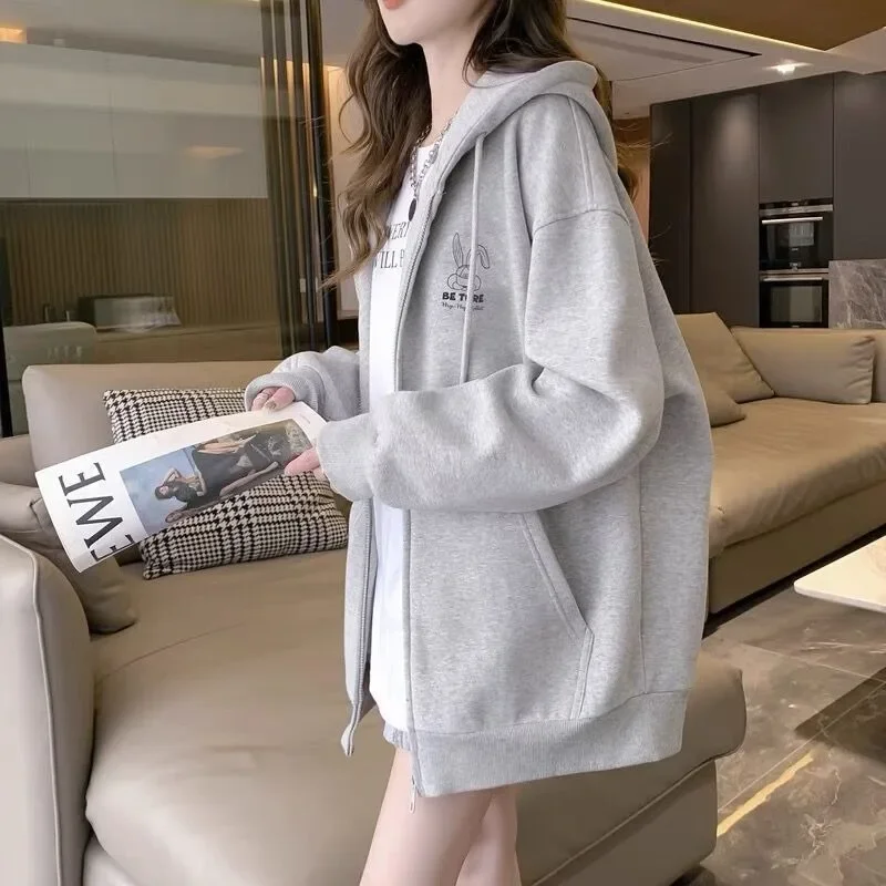 Simple Embroidered Cartoon Rabbit Hoodies Women New Loose Casual Hooden Sweatshirts Zipper Big Pocket Lantern Sleeve Outwears