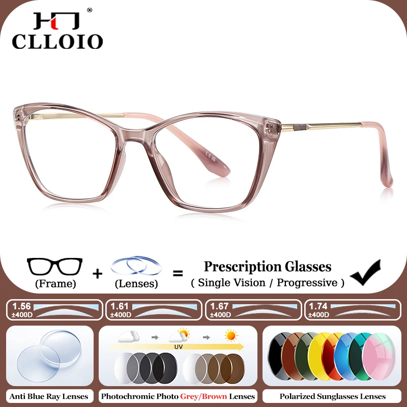 

CLLOIO Simple Cat Eye Frame Reading Prescription Glasses Women Blue Light Filter Multifocal Optical Lenses Glasses For Computer