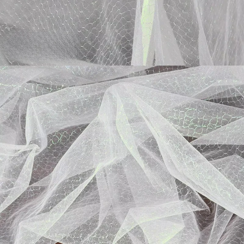 Witte iriserende uitgeholde gradiënt laser mesh stof bruiloft achtergrond rok DIY decoratieve kleding lichtgewicht stof