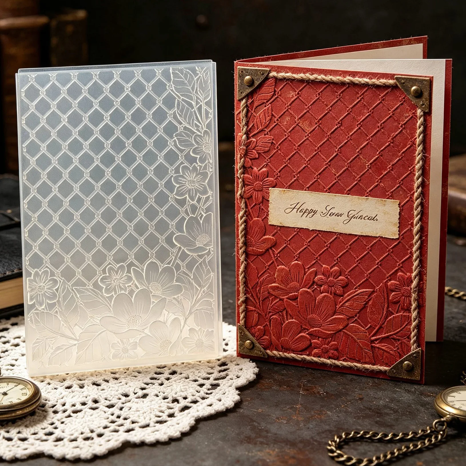 Lingge grid pattern with edges and corners surrounded by flowers, covered with embossed boards, garden themed photo album collag