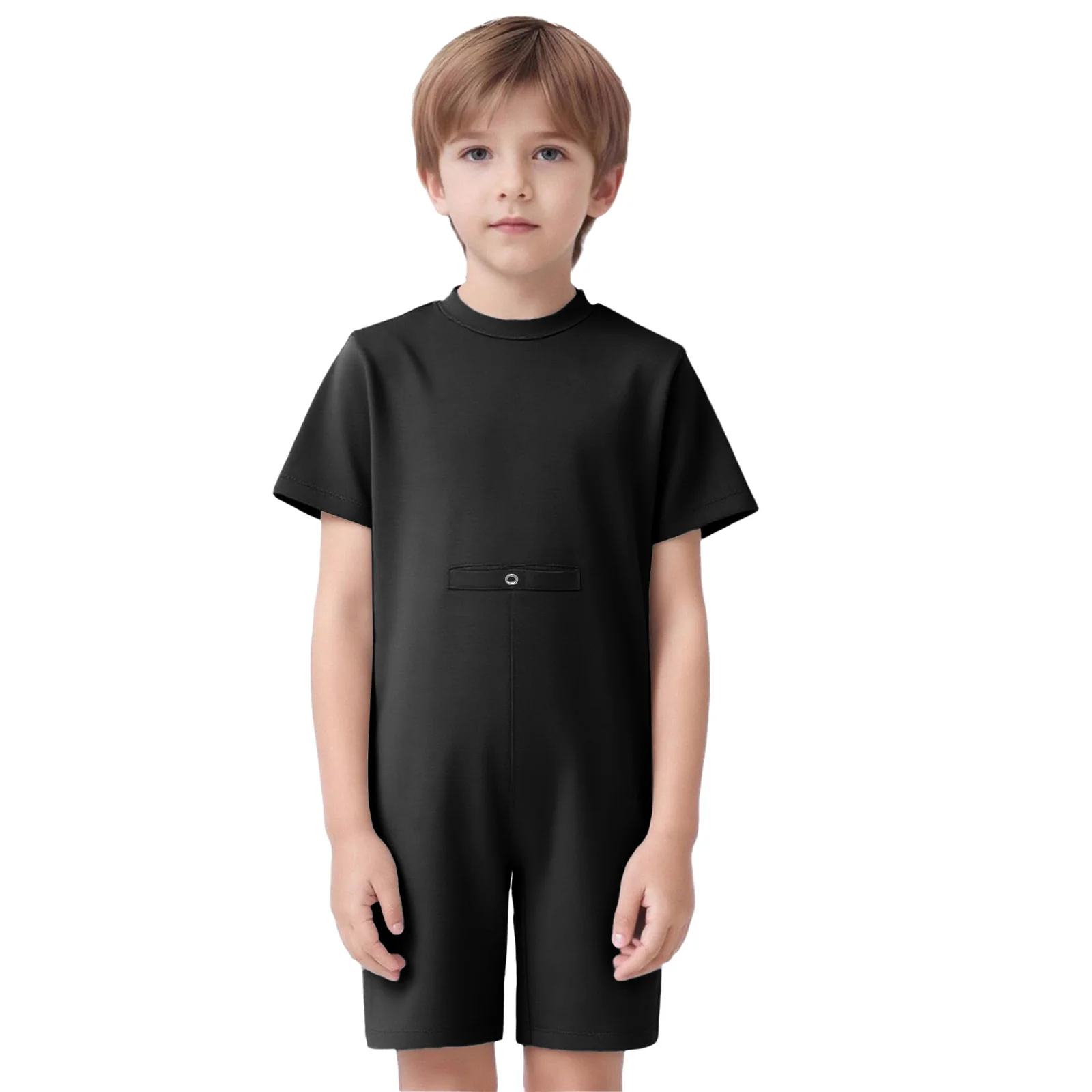 

Kids Boys Girls Special Needs Adaptive Clothing Cotton Short Sleeve Zipper Solid Color Jumpsuit with Press Button Hole Rompers