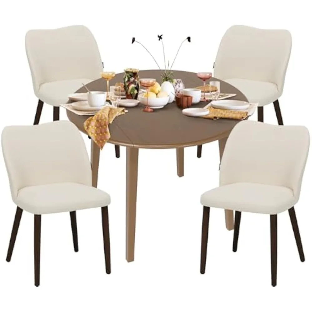 

5-piece extendable dining table set for 4, 36" kitchen round wood table with 4 wooden dining room chairs,light brown/beige