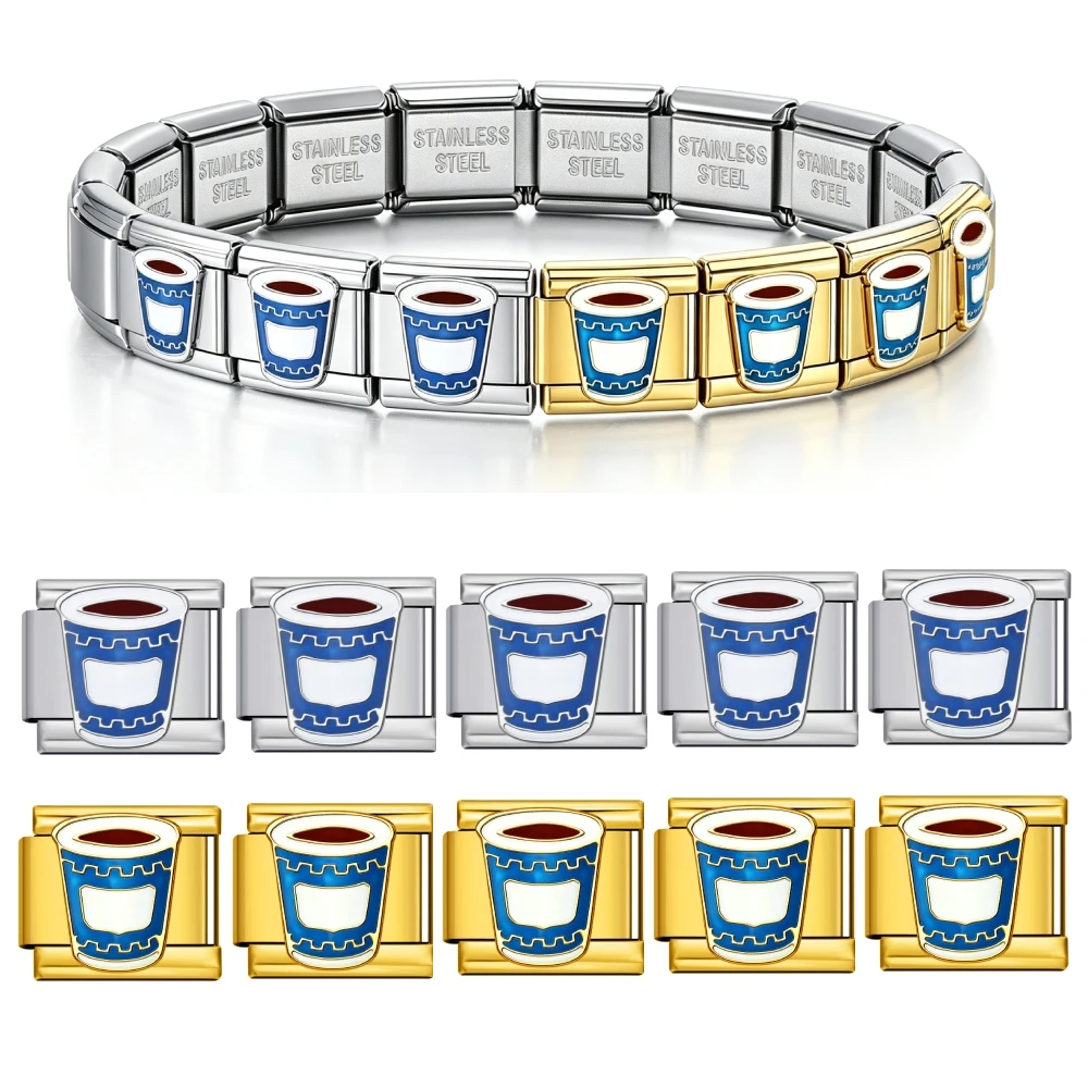 Wholesale 10Pcs Coffee Cup Enamel Charm Links 9mm Italian Modular Bracelet Stainless Steel DIY Jewelry Making Accessories Bulk