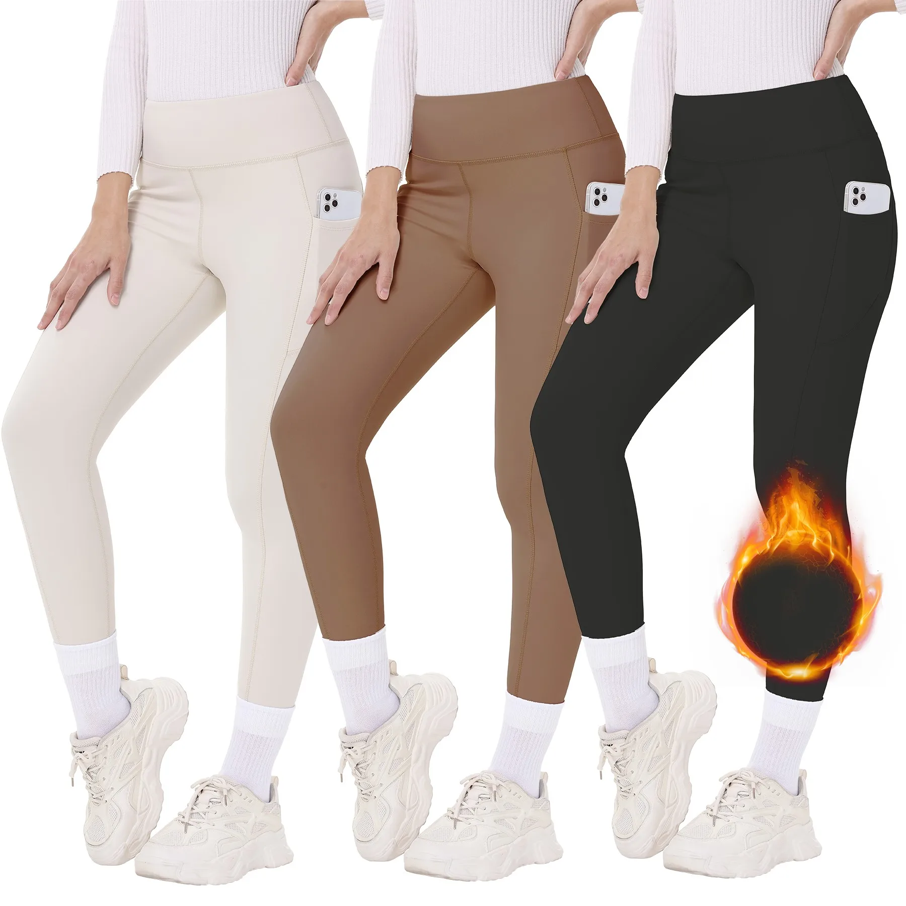 

Autumn-Winter Fleece-Lined High-Waisted Yoga Pants with Pockets Women Stretch Slim Leggings Pants Workout Running Sportwear