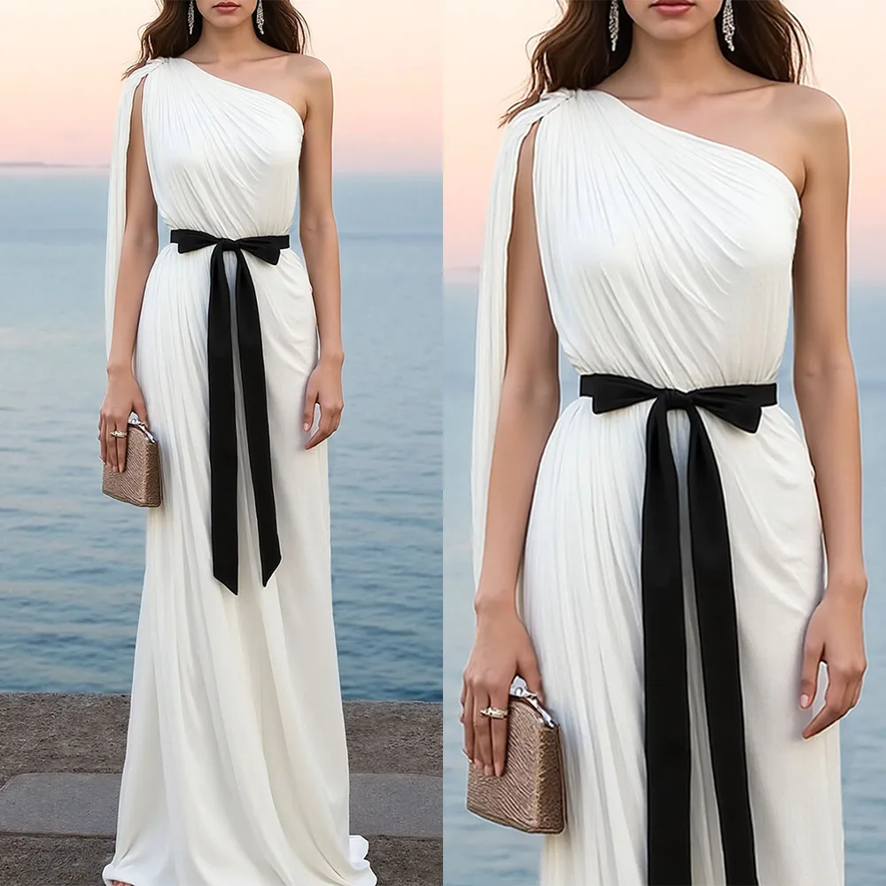 

High Quality Customized Sleeveless Bow White Long Dresses Pleat Robe De Soirée Mariage Luxury Dresses 2025 Evening فساتين حفلات