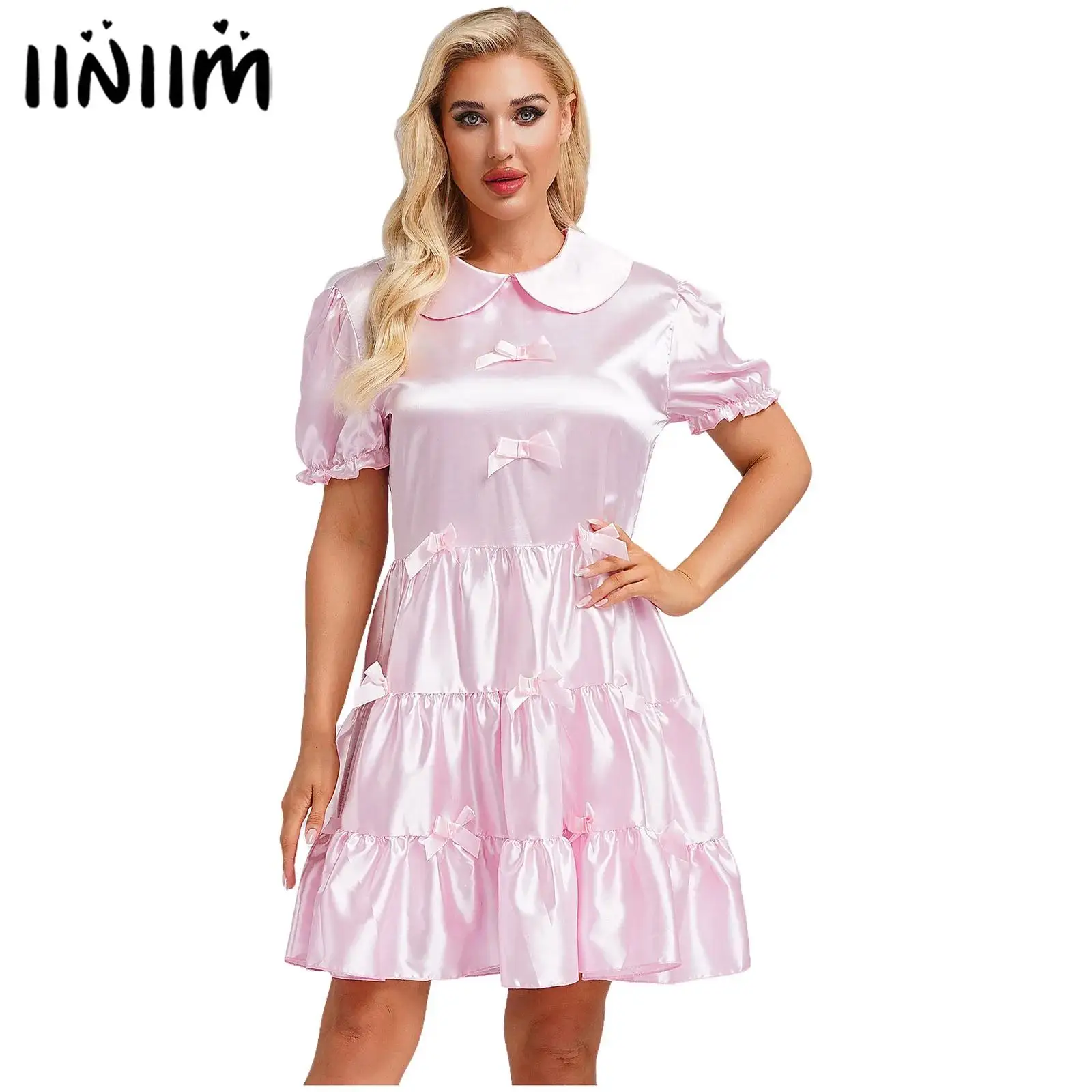 

Sexy Womens Adult Sleep Night Dresses Puff Sleeves Bowknot Ruffle Stain Ruffle Dress Glossy Role Play Theme Party Costume