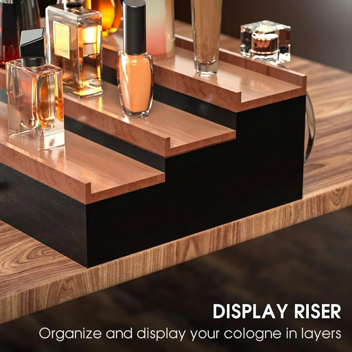 A75K Wooden Cosmetics Storage Box Perfume Display Stand with Hidden Drawer Stepped Perfume Storage Box