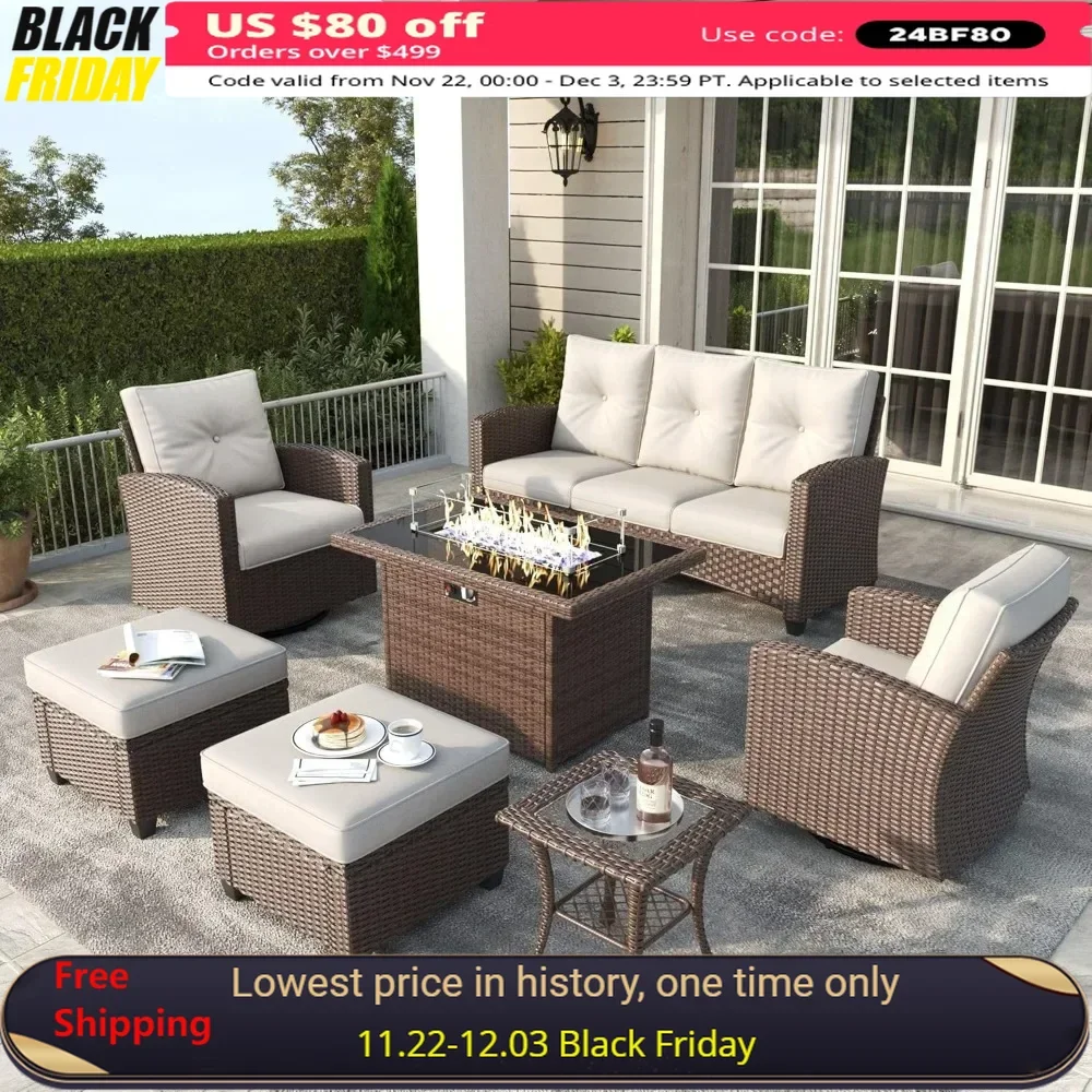 7 Pieces Patio Furniture Set, Rattan Wicker Rocking Glide Chairs with 44