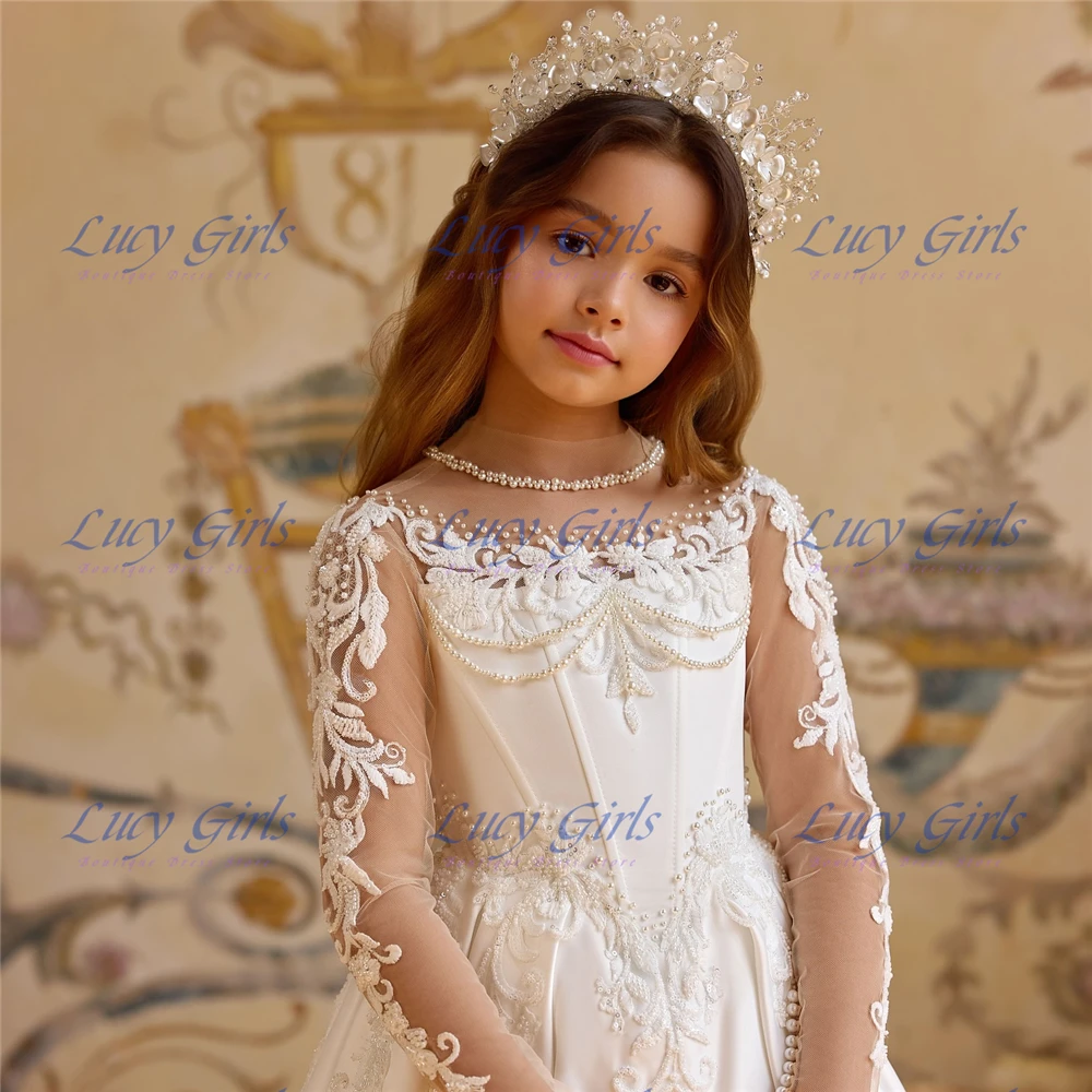 

Gorgeous White Flower Girl Dress Quality Satin Fluffy With Applique for Kids Wedding Birthday Holiday Party Evening Ball Gowns