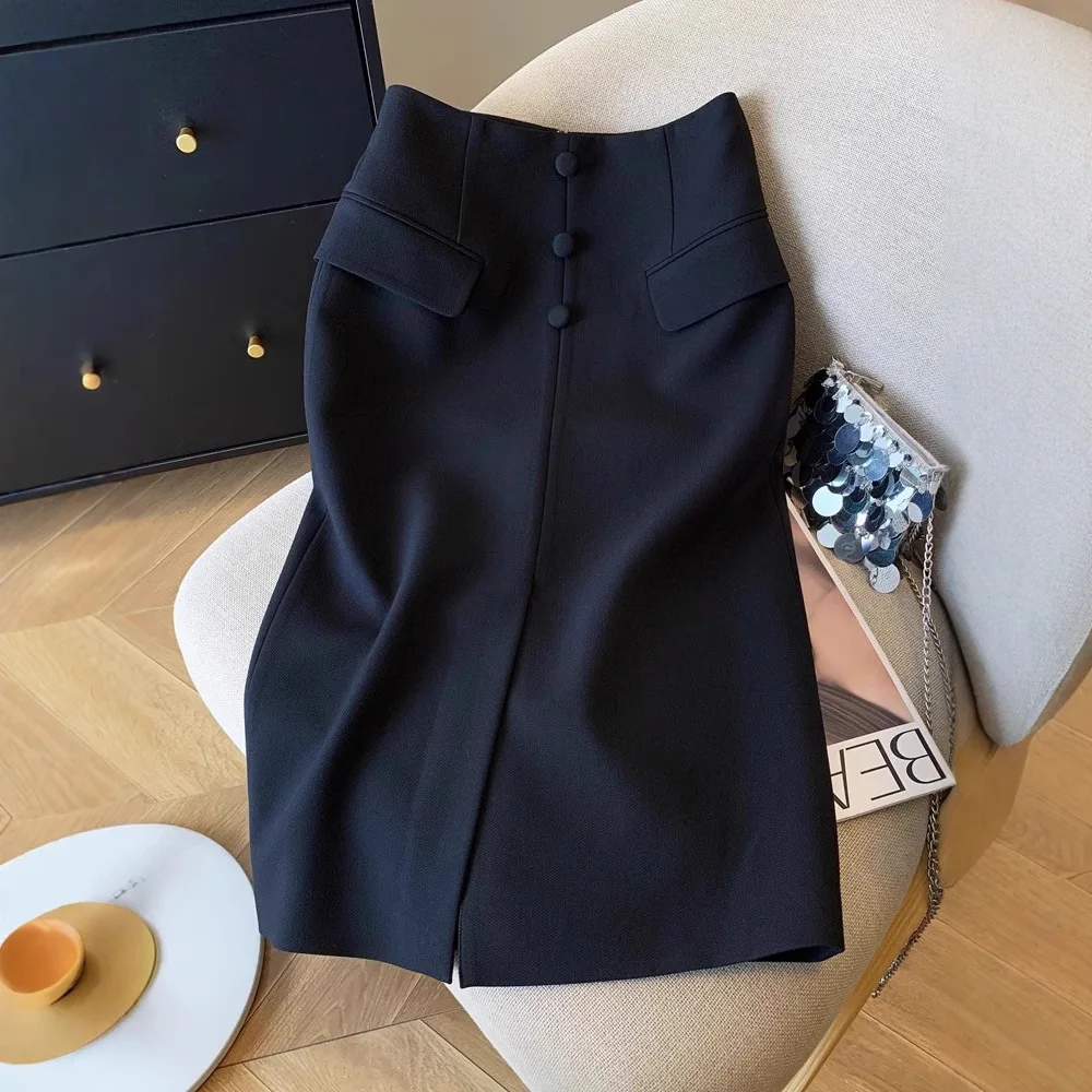 

Spring Popular Style High Waist Cream White Hip-wrapped Straight Skirt Medium and Long Black Light Luxury Temperament Skirt