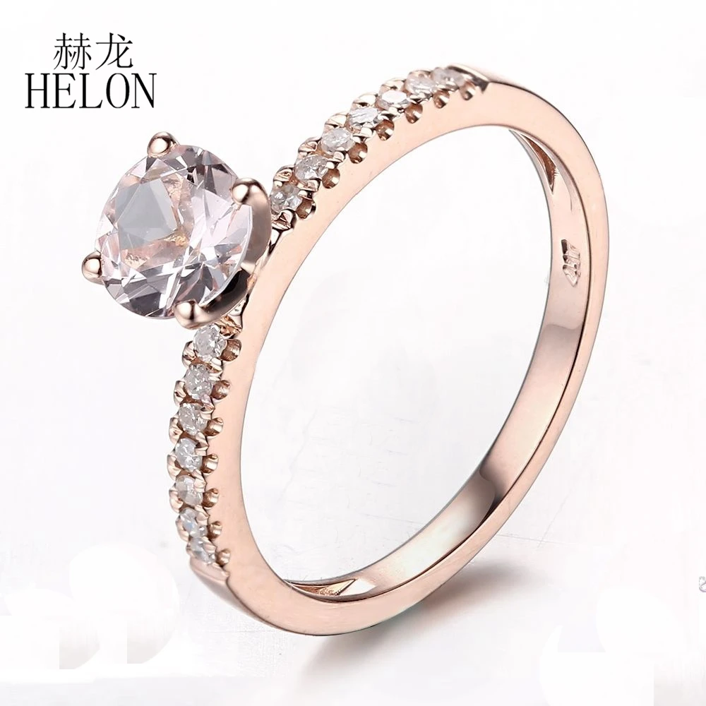 HELON Solid 14k Rose Gold Round 6mm Natural Morganite Diamonds Engagement Ring For Women Wedding Band Anniversary Bridal Gift