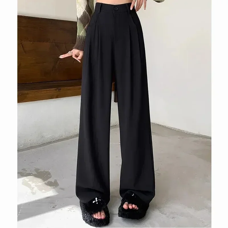 Frauen Mode Anzug Hosen Dame Atmungsaktive Baggy Hohe Taille Breite Bein Sommer Hosen Dame Gerade Bein Schwarz Kaffee Klassische Hosen – Detail 13