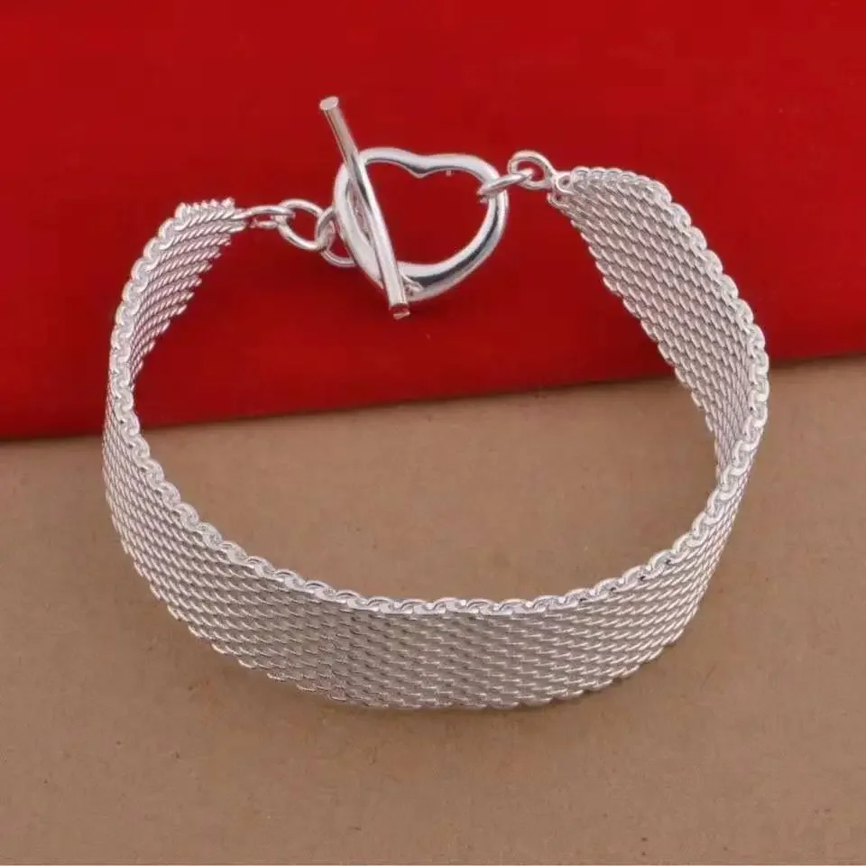 

Beautiful 925 Sterling Silver Mesh Bracelets Heart Clasp Nice for Wedding Chain Charm Fashion Gorgeous Jewelry 16MM Width