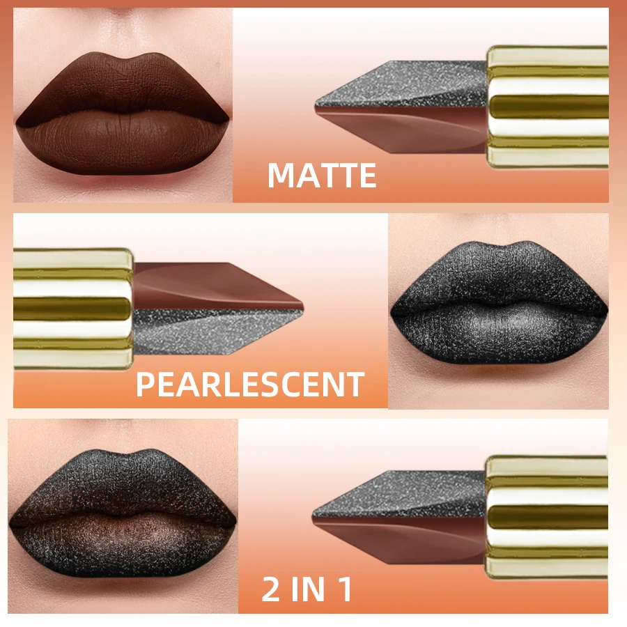 1pc Two Tone Chocolate Color Lipstick Waterproof Glitter&Matte Lip Tint Red Sexy Lips Makeup High Pigmented Lip Liner Cosmetics