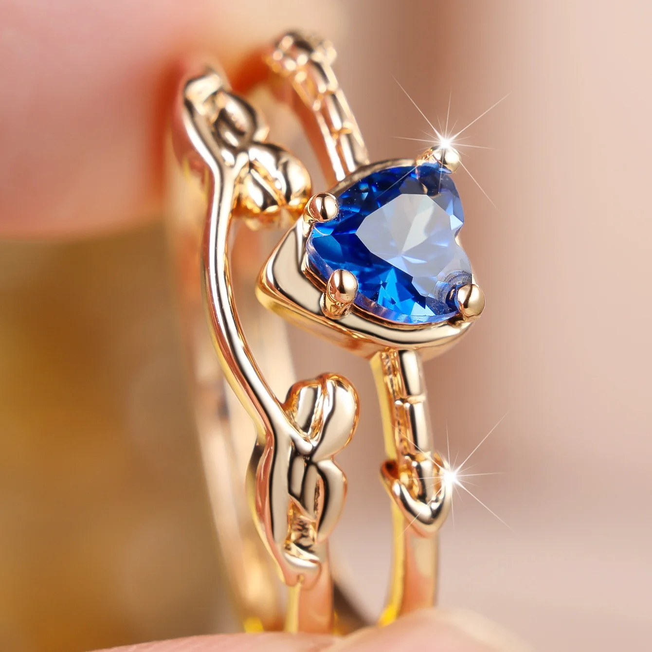 Small Cute Charm Female Blue  Zircon Heart Stone Ring Set Fashion Vintage Gold Color Bridal Wedding Engagement Jewelry For Women