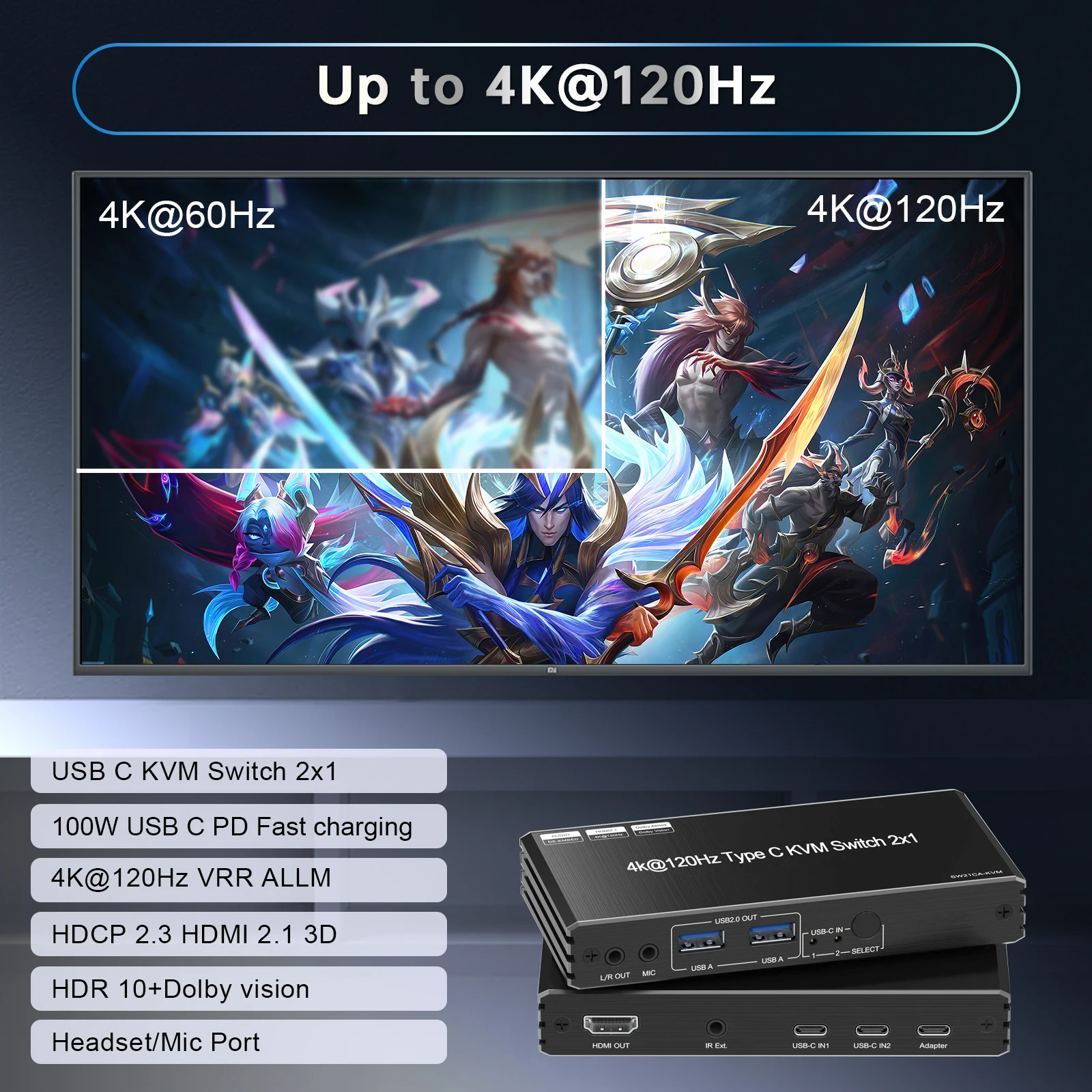 4K@120Hz 8k@60Hz USB C KVM Switch 2x1 Kvm Switch USB c 2 Computer 1 Monitor mit PD 100W 2X1 HDMI KVM Switch