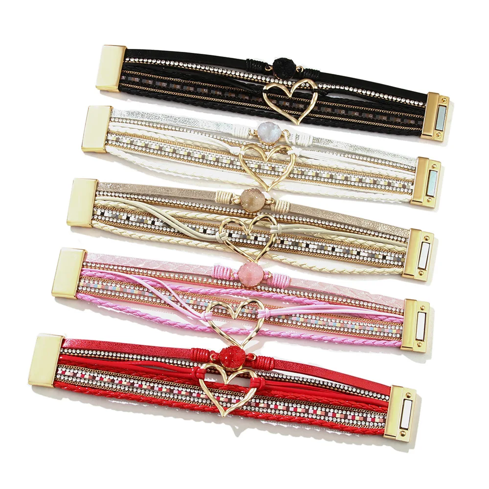 WYBU Love Heart Charm Leather Bracelets For Women Fashion Braided Bangles Multilayer Resin Stone Hollow Leather Wrap Bracelets