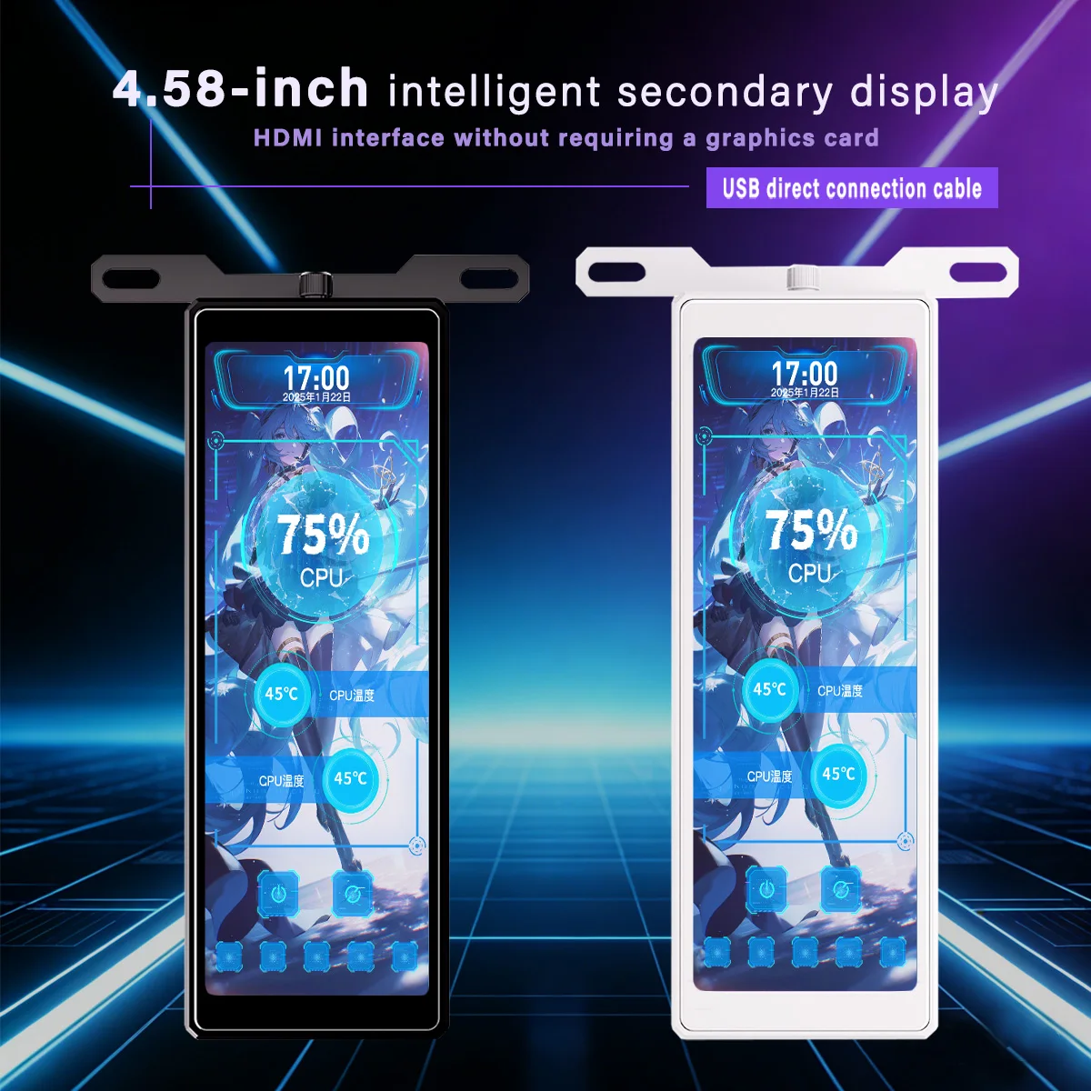 4.58 Inch IPS PC Secondary Screen HDMI USB DIY Monitor Computer Temp Display for Case CPU GPU Ram