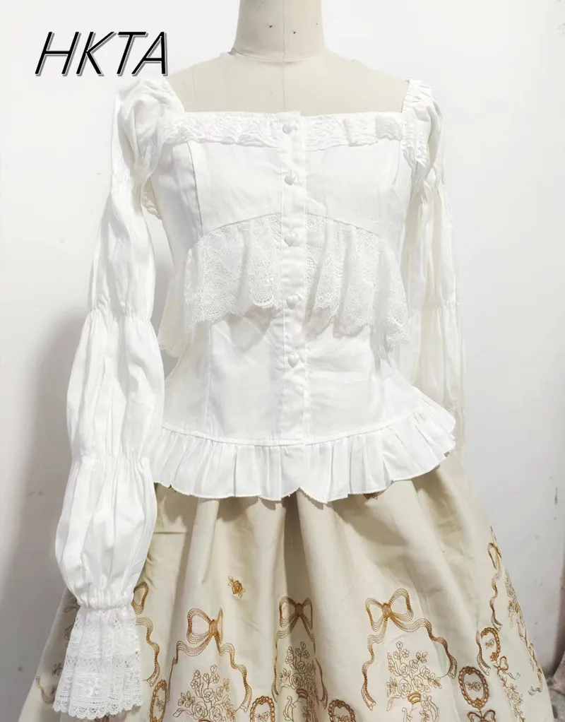 

Japanese Bubble Long Sleeve Girls Square Neck Love Button Spring Splicing Lace Cute Sweet Lolita Top Kawaii White Shirt Women