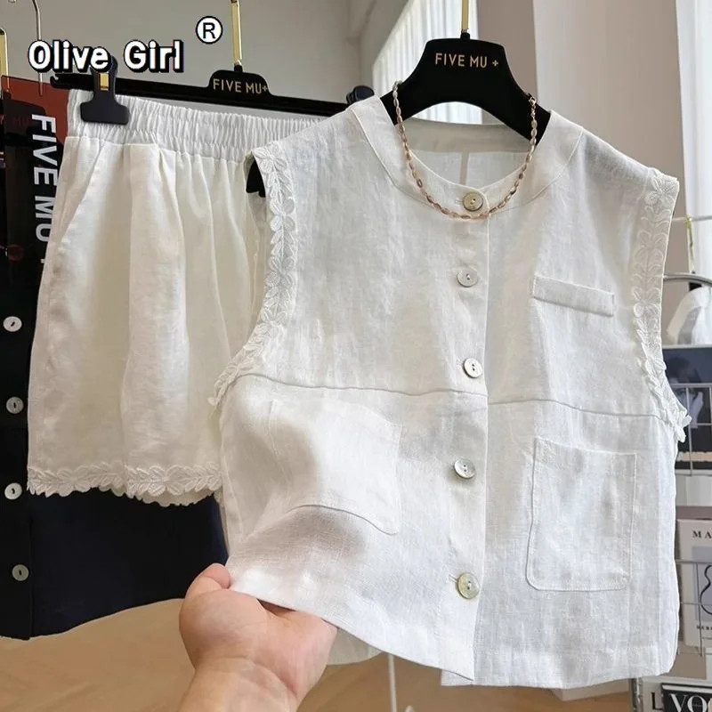 

Olivegirl Women's Clothing Sleeveless Shirt Shorts Set with Ruffles and Flare Leg Linen-cotton Casual Two-Piece Outfits