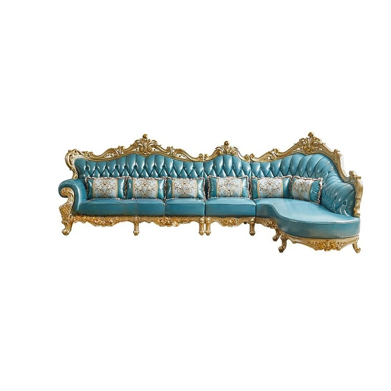 Corner Sofa, Solid Wood Carved Leather Corner Sofa, Apartment Villa, Living Room, First Floor, Cowhide a