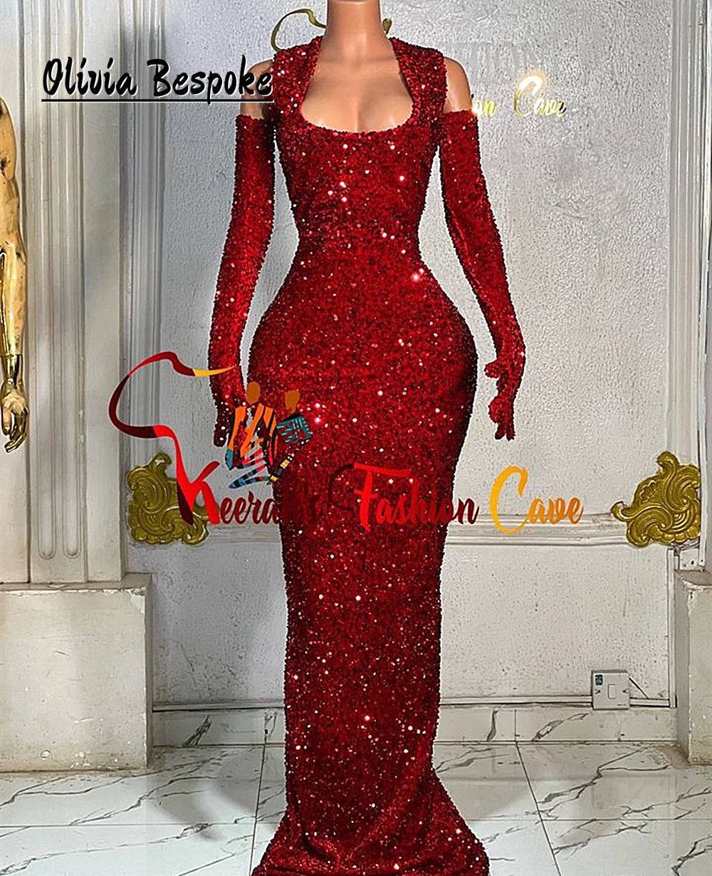 Flamboyant Red Sequin Aso Ebi Prom Dresses 2025 Luxury Mermaid Evening Gown With Gloves African Wedding Party Dress Customized