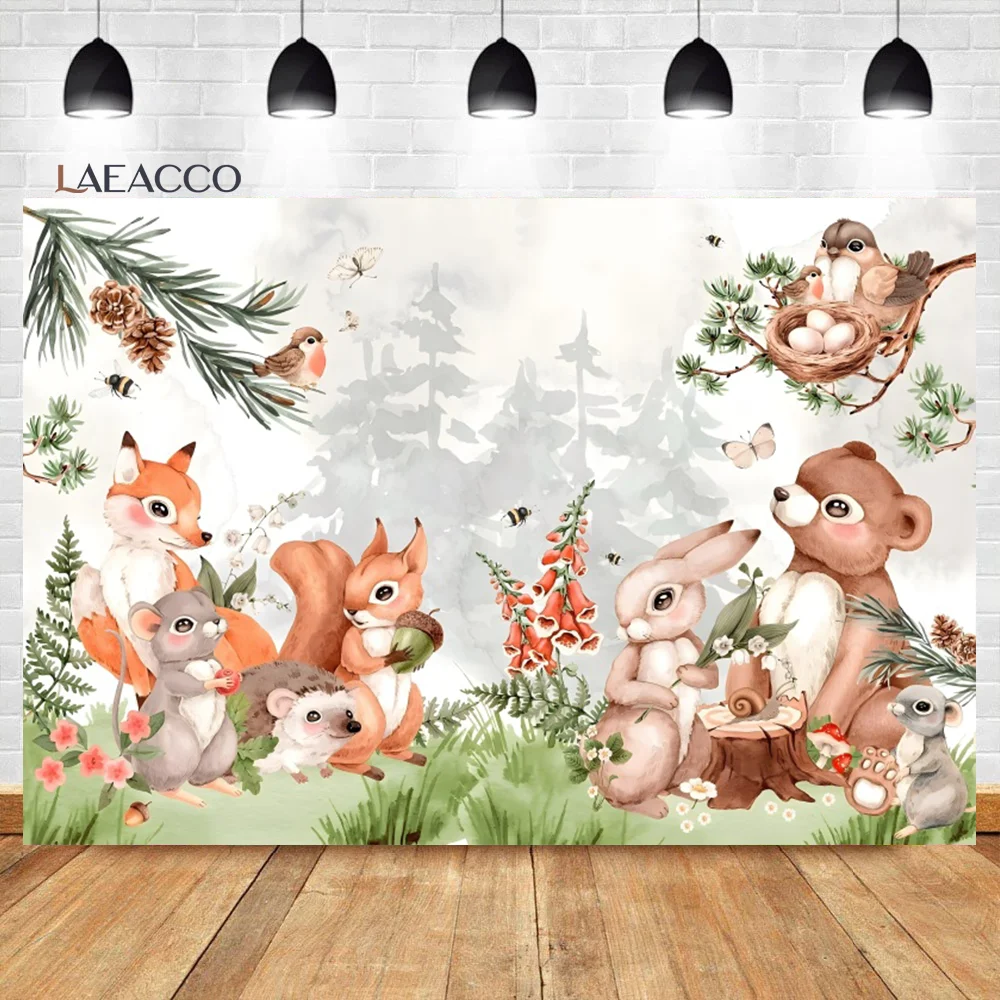 

Laeacco Jungle Safari Animals Theme Backdrop Woodland Forest Fawn Cute Squirrel Kids Birthday Portrait Photography Background