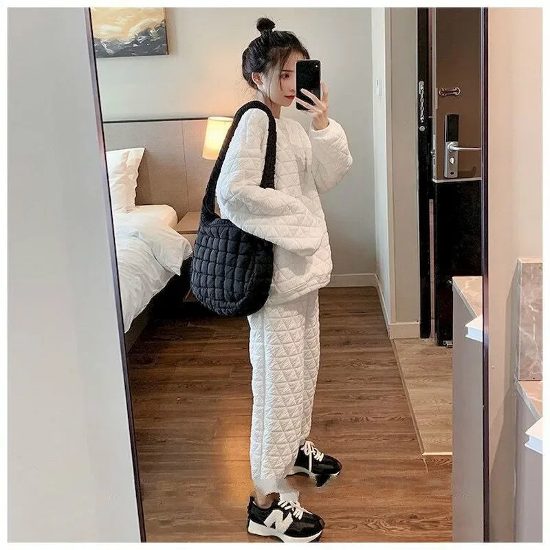 

Insozkdg Quilted Pant Sets Women Casual Solid Long Sleeved Trousers Sweatshirt Sports Suit Autumn Winter Street Sporty Sets