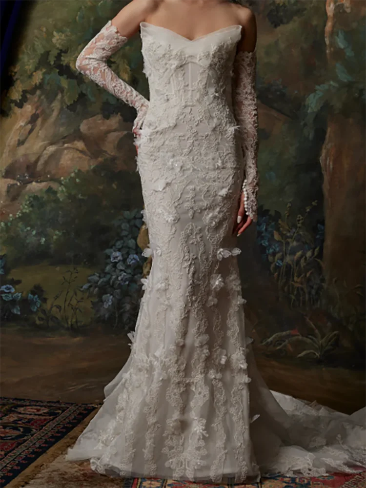 Robes de mariée sirène classiques sans bretelles en dentelle, sans manches, avec des appliques, personnalisées