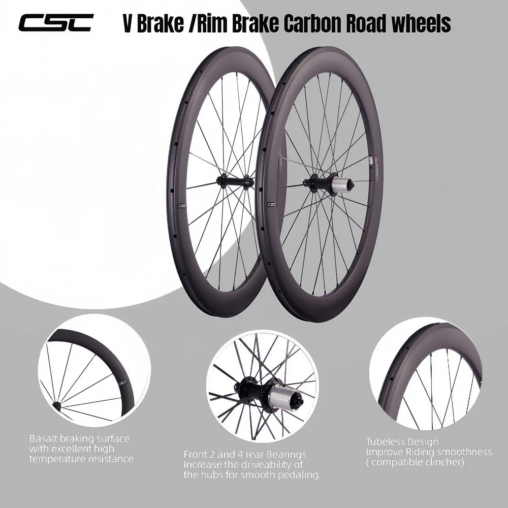 Juego de ruedas de carbono para bicicleta de carreras CSC 700C, 38 mm de profundidad, 25 mm de ancho, Clincher Tubeless, freno V de 4 trinquetes, bicicleta de carretera, 1280 g, aprobado por la UCI