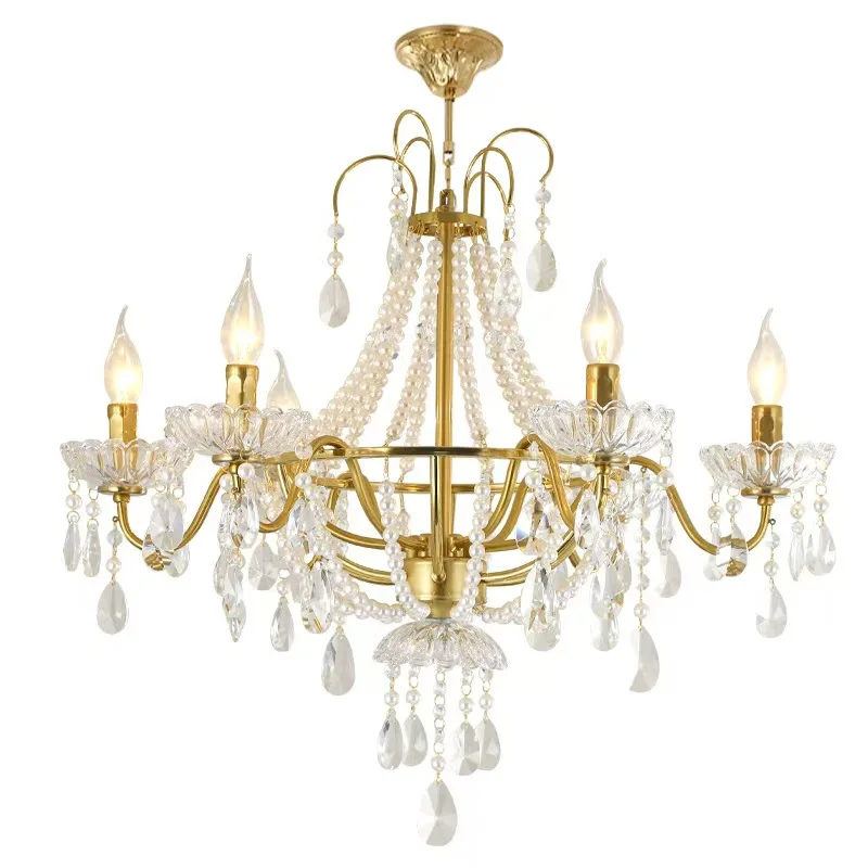 Middle Villa for Living Room Dining Room Bedroom Duplex Chandelier American Crystal Lamp French Retro Style Pearl Chandelier