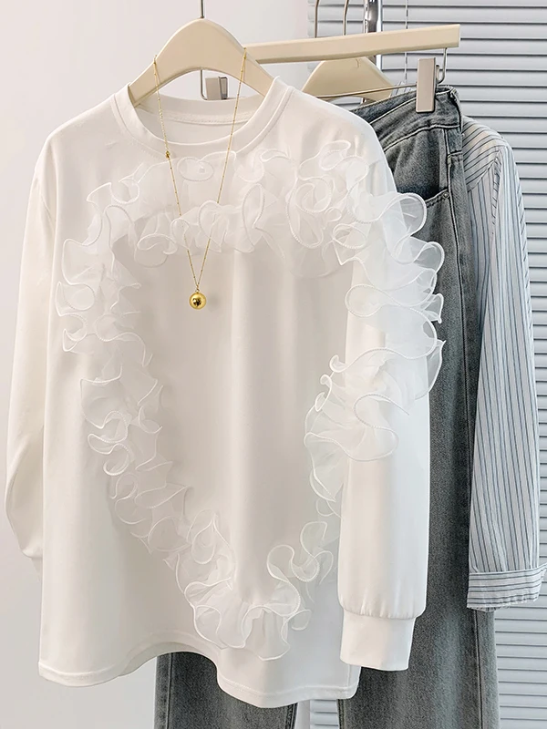 

Fashionable Large Size T-Shirt with Heavy Embroidery Lace Design Trendy Sweatshirt Korean Style Loose Fit Long Sleeve round Neck